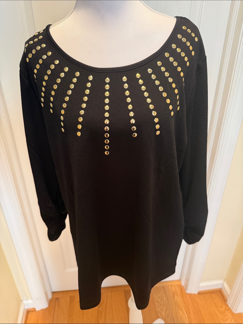 Robert Louis Black Long-Sleeve Scoop Neck Top with Gold Studs